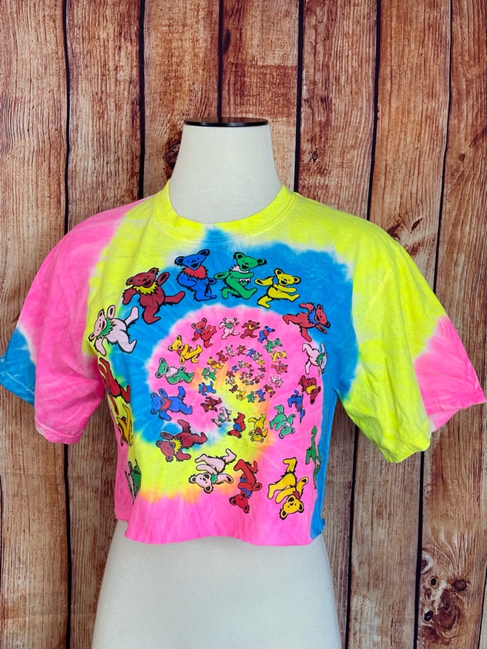 Grateful Dead Dancing Bears Neon Tie Dye Cropped Tee Raw Cut Hem One Size